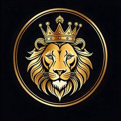 Regal Golden Lion with Crown on Black Background