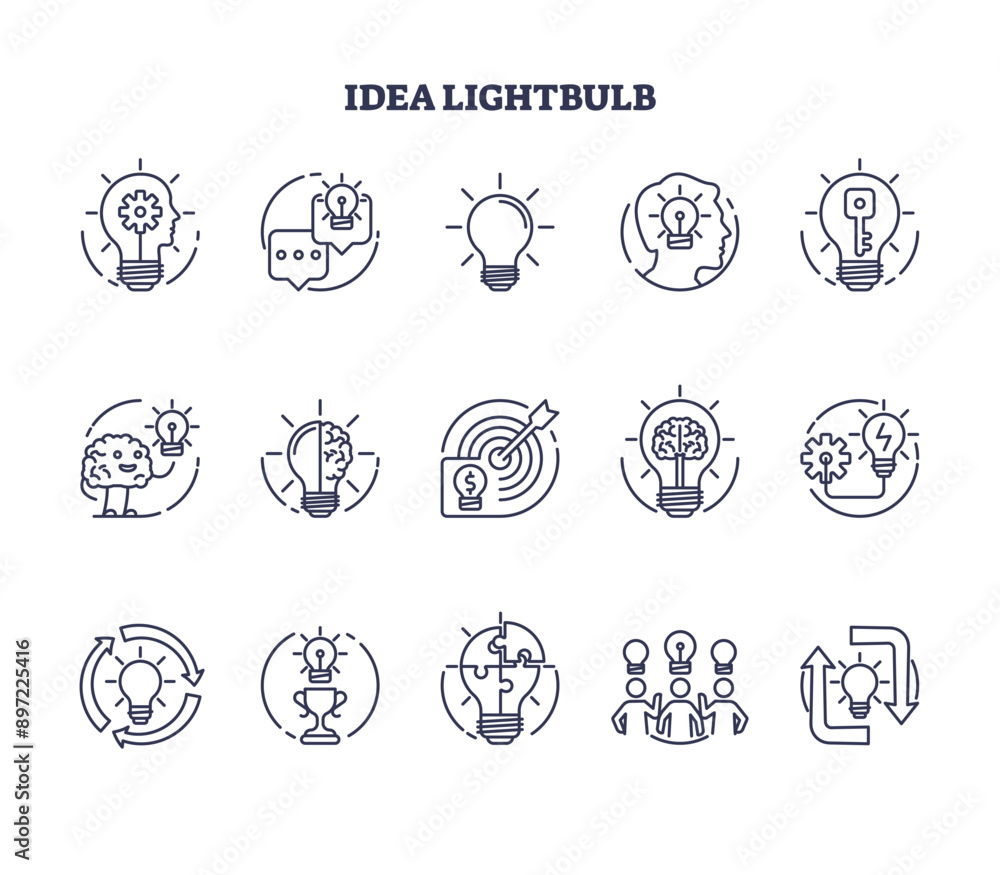 Poster idea lightbulb icons as smart and creative symbol outline collection set. isolated elements with eff