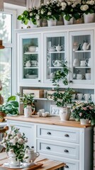 A cozy living room features a light grey sofa with white throw pillows, a natural wood coffee table, and a throw blanket. The room is decorated with a few houseplants, a small shelf, and artwork