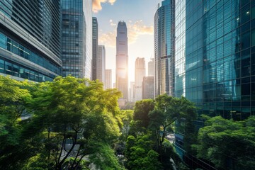 Naklejka premium Cityscape With Tall Buildings and Trees in the Foreground, Glass and steel skyscrapers in an eco-friendly cityscape, AI Generated