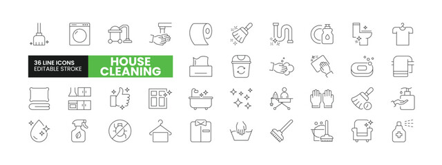 Set of 36 House Cleaning line icons set. House Cleaning outline icons with editable stroke collection. Includes Vaccum Cleaner, Laundry, Washing Dishes, Handwash, Cleaning Equipment, and More.	