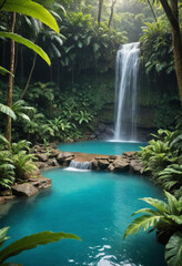  Hidden waterfall cascading into a turquoise pool within a lush rainforest. 