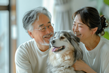Fototapeta na wymiar 笑顔のアジア人のシニア夫婦とペットの犬。