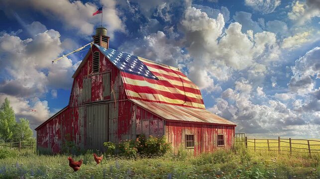 animated claudy sky in the top of american barn animal farm village red american flag