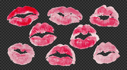 Realistic vector lipstick kiss set. Different shapes of female pink lips on transparent background.