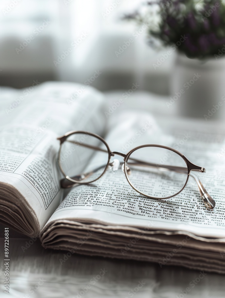 Aufkleber eyeglasses resting on an open book with a minimalist background. generative ai