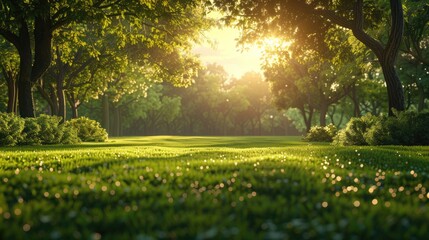 Obraz premium green grass manicured lawn and green forest trees at background. natural open wide green grass landscape background.