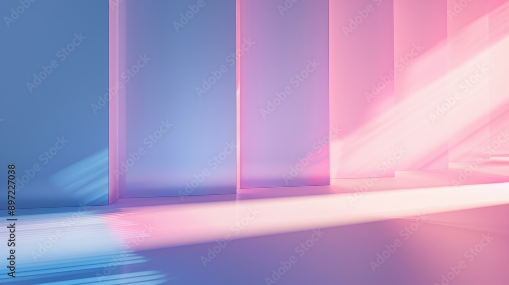 Aufkleber sunrays lighting an empty room with pastel colored walls, creating a minimalist background