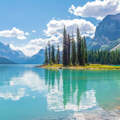 Spirit Island reflection in Maligne Lake, Jasper national park, Canada.