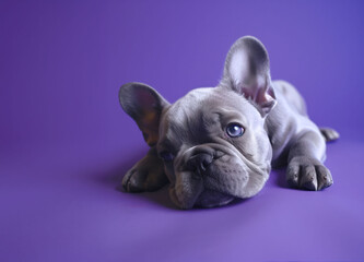Bulldog Français bébé à l'Expression Mélancolique sur un Fond Violet, photo studio 