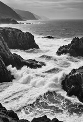  High-contrast black and white image of a rugged coastline with crashing waves. 