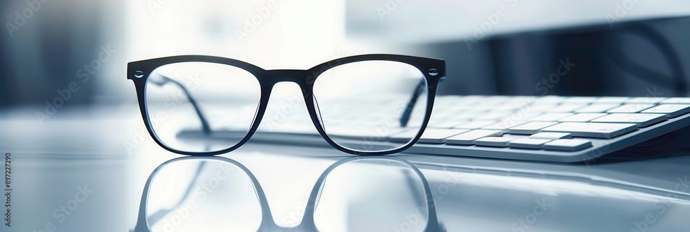 Leinwandbilder Black framed eyeglasses lie on a clean desk with a keyboard in the background. Generative AI