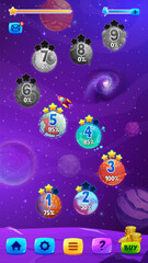 Galaxy space game map screen. Cartoon gui interface with menu, planets, stars, and a rocket ship in starry Universe. Video game or interactive application with levels marked with progress percentages