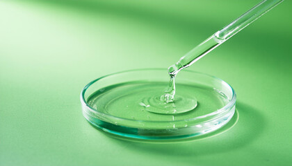 Pipette with transparent cosmetic liquid, glass petri dish on green background. Face serum. Close-up