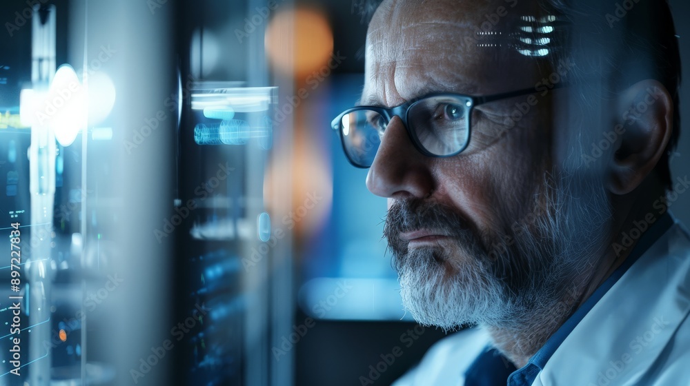 Poster Scientist working with advanced digital technology in a high-tech lab. Innovation and precision in scientific research.