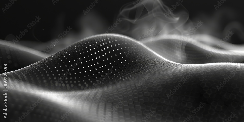 Poster abstract black and white image with smoke on a textured grid surface, forming an artistic and atmosp