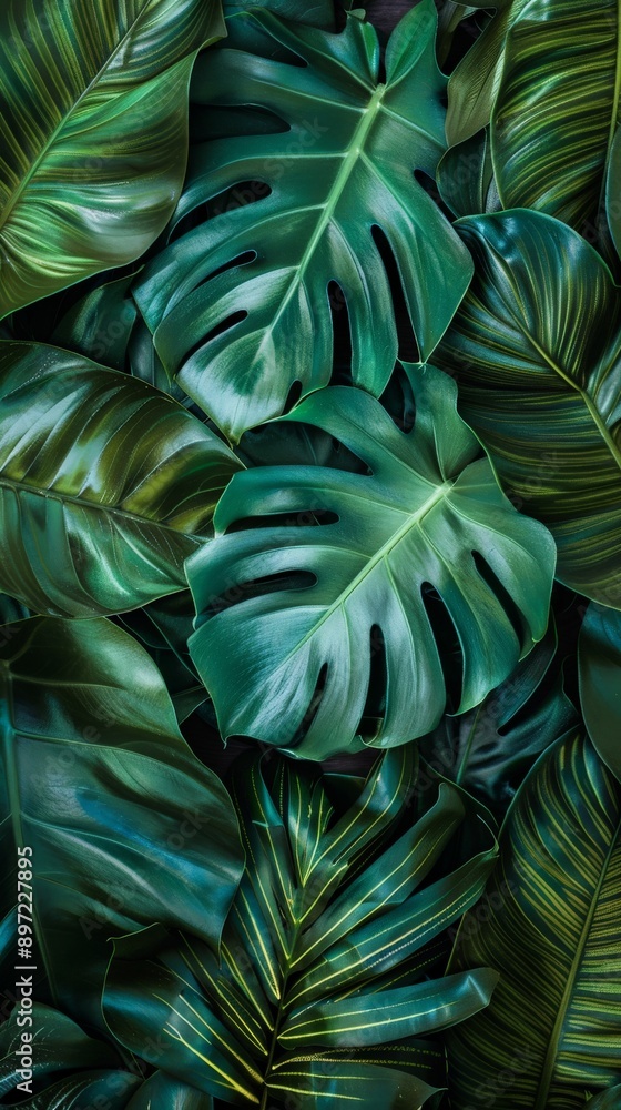 Poster a close-up view of vibrant green leaves with intricate patterns