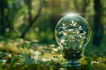 Combination of technology and nature in a light bulb on a blurry background of greenery