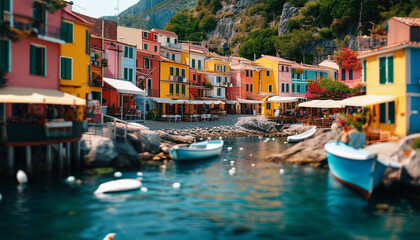 Fototapeta premium A charming coastal village with colorful buildings, narrow cobblestone streets, and a small fishing 