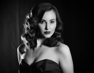 Naklejka premium Elegant Film Noir Headshot of a Woman: Timeless Vintage Portrait with Dramatic Lighting and Shadows