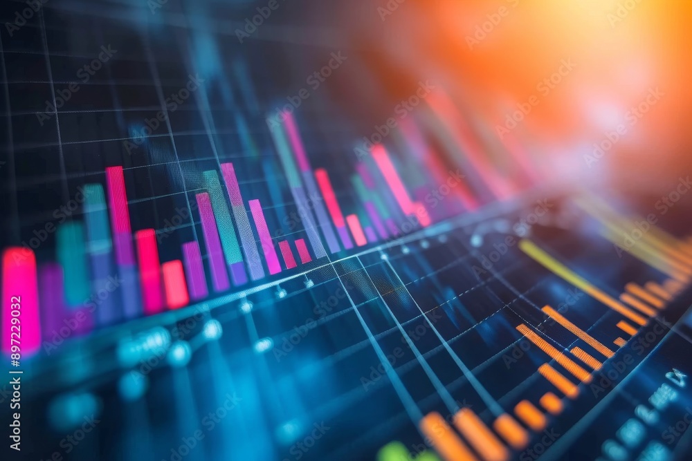 Poster a detailed view of a bar chart displaying various vibrant colors representing different data points,