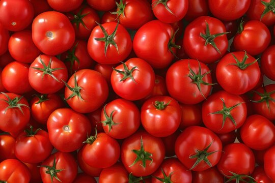 Seamless background featuring numerous fresh red tomatoes with green stems and water droplets. - Powered by Adobe