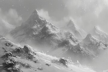 A black and white photo showcasing snow covered mountains, emphasizing the stark beauty of the landscape, Grayscale depiction of an icy blizzard, AI Generated