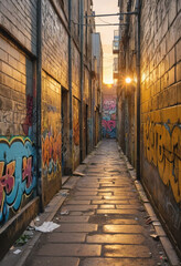  Graffiti-covered alleyway bathed in golden light at sunset. 