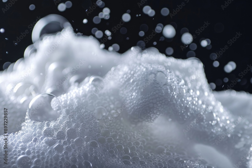 Poster a close-up view of soap bubbles on a black background, suitable for use in designs related to cleanl