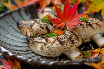 A plate filled with an assortment of fresh and colorful vegetables, including tomatoes, lettuce, carrots, and bell peppers, Grilled Matsutake mushrooms with autumn leaves decor, AI Generated