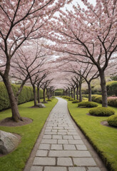 Fototapeta premium The iconic cherry blossom trees blooming along a path in a Japanese garden. 