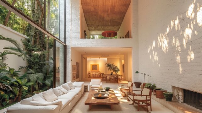 A living room designed by Luis Barragan, surrounded on all sides by an exuberant garden.