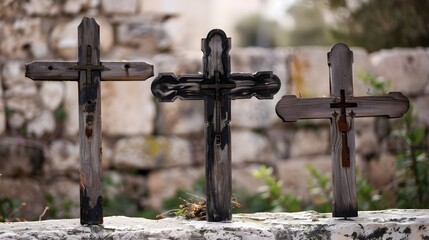 Three Wooden Cross Monuments in a Peaceful Rural Cemetery Setting