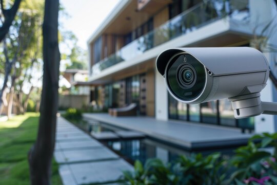 Security camera is monitoring a modern house with a swimming pool, providing safety and protection