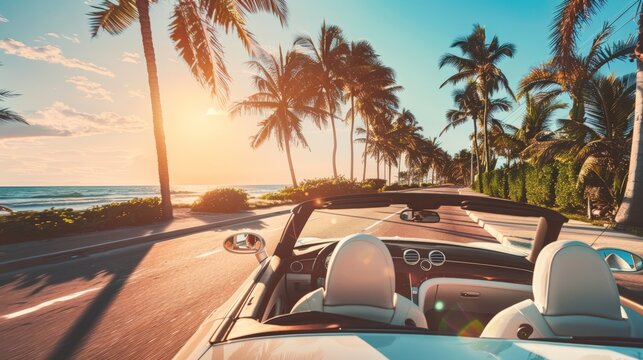 A luxury convertible driving along a sun-drenched boulevard, palm trees lining the road and the ocean in the distance