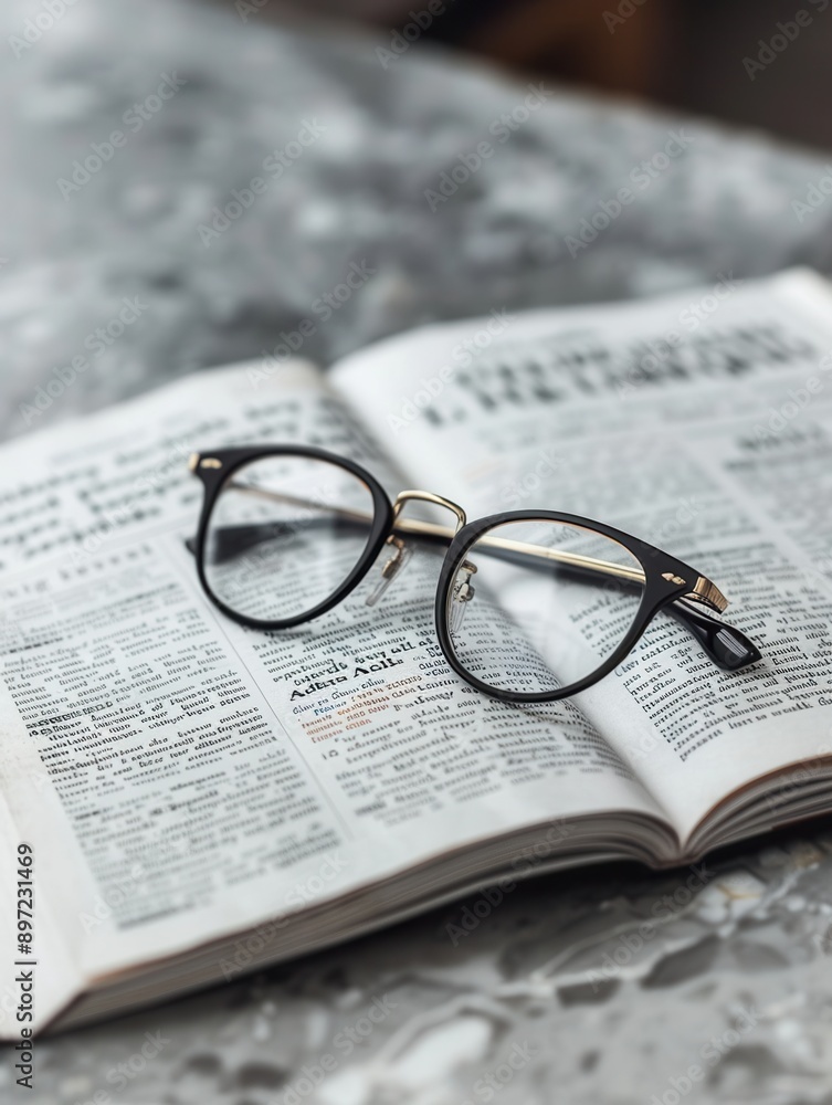 Leinwandbilder black eyeglasses are resting on a page of an open book with black text. generative ai