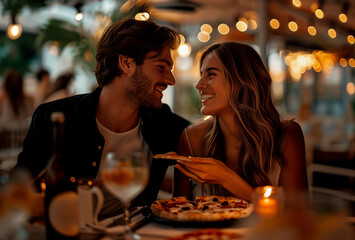 Romantic dinner with pizza, wine, and twinkling lights, creating cozy setting for couple to enjoy