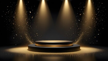 Background black podium stage gold award glitter light 3d platform product golden pedestal. Podium show black background abstract elegant ceremony dark display spotlight effect confetti night scene