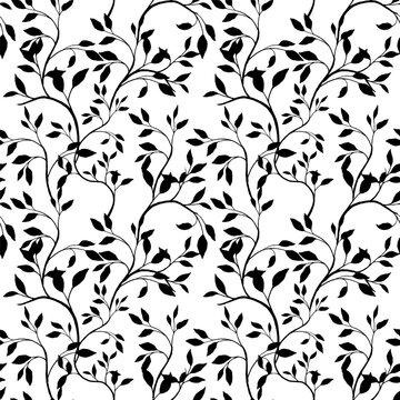 Fototapeta Vector hand drawn tiny branches leaves with drops pattern. Seamless simple shape leaf stems. Design for fashion, fabric, wallpaper. 
