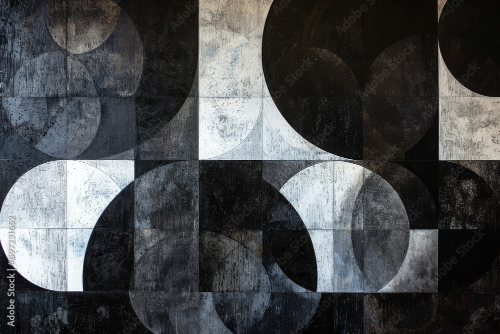 Poster an image of a black and white abstract painting featuring various circles, harmony and discord depic
