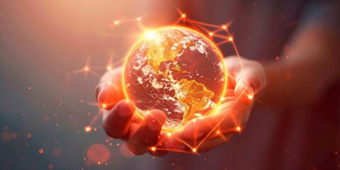 Fototapeta premium Close-up of hands holding a glowing, digitally connected Earth, symbolizing global connectivity and unity.