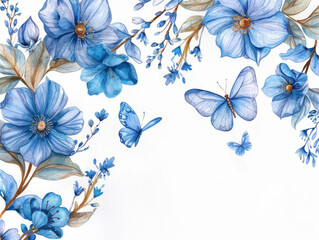 Blue Butterflies and Flowers Framing White Space, Generative AI Illustration