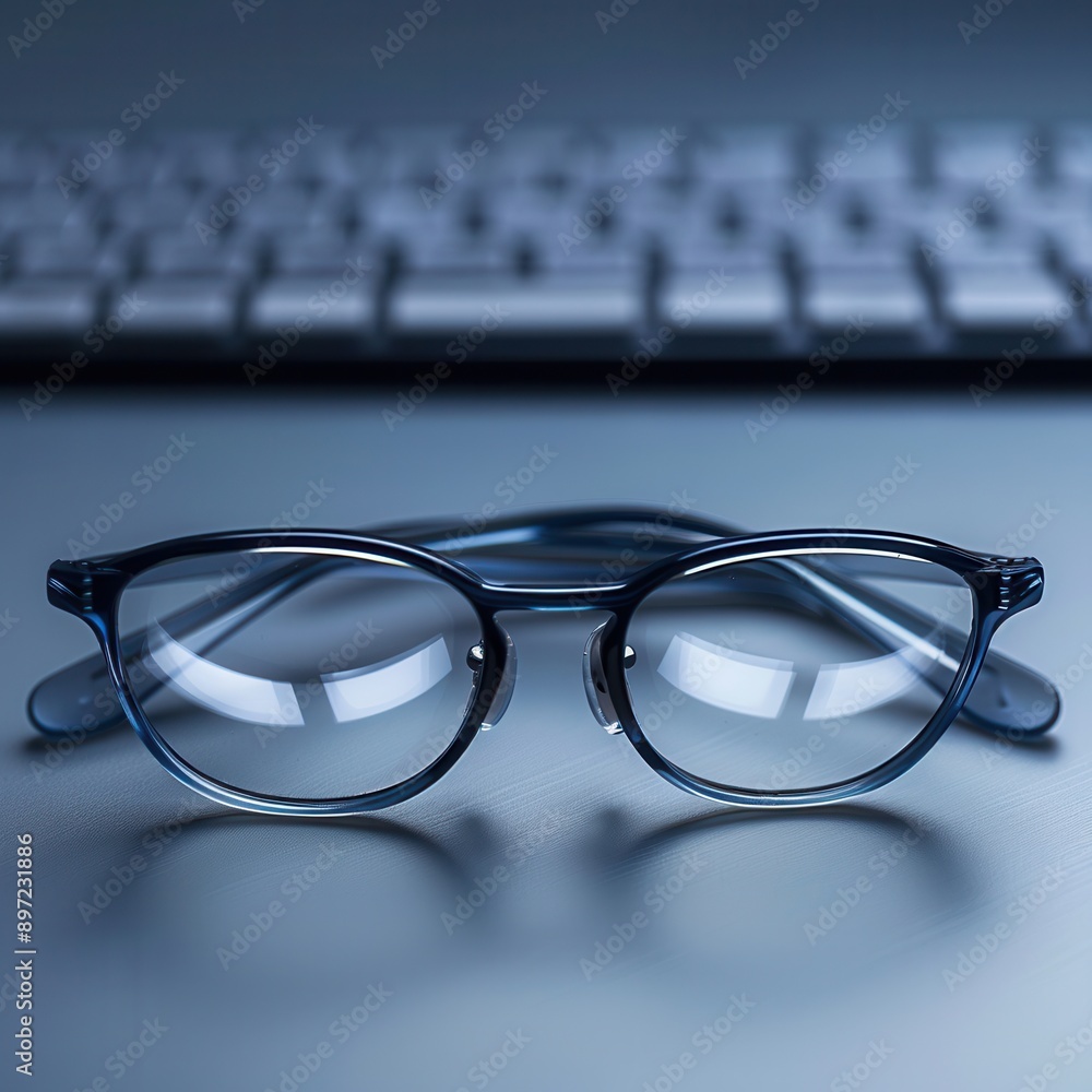 Leinwandbilder eyeglasses sit on a sleek, modern desk near a computer keyboard, creating a minimalist and professio