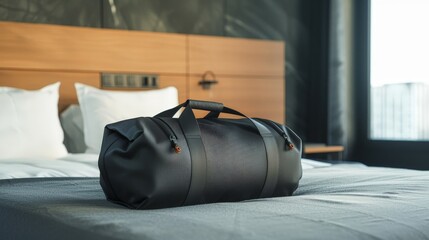 A minimalist travel bag with a sleek design rests on a modern hotel bed, ready for a quick urban getaway.