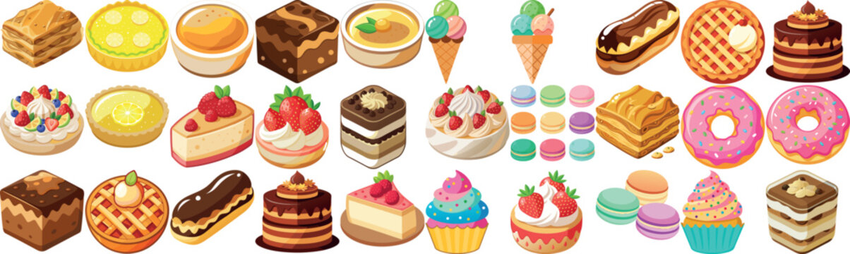 Illustrations of various desserts and pastries including cakes, pies, and ice cream