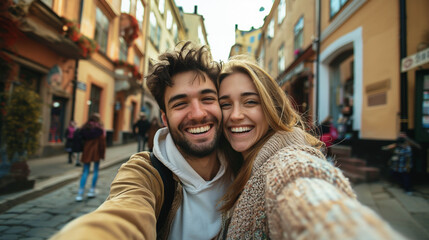 Selfie of young smiling couple in Stockholm street, Sweden, Europe