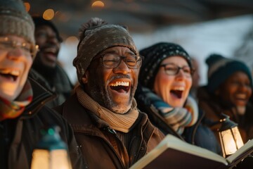 A happy group of adults singing together holding songbooks while dressed in warm winter clothes, illuminated by lanterns and surrounded by festive lights in a snowy scene.