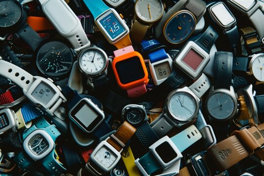 Assorted Colored Watches Piled Together, Heart rate monitors, fitness trackers, digital pedometers scattered artistically, AI Generated