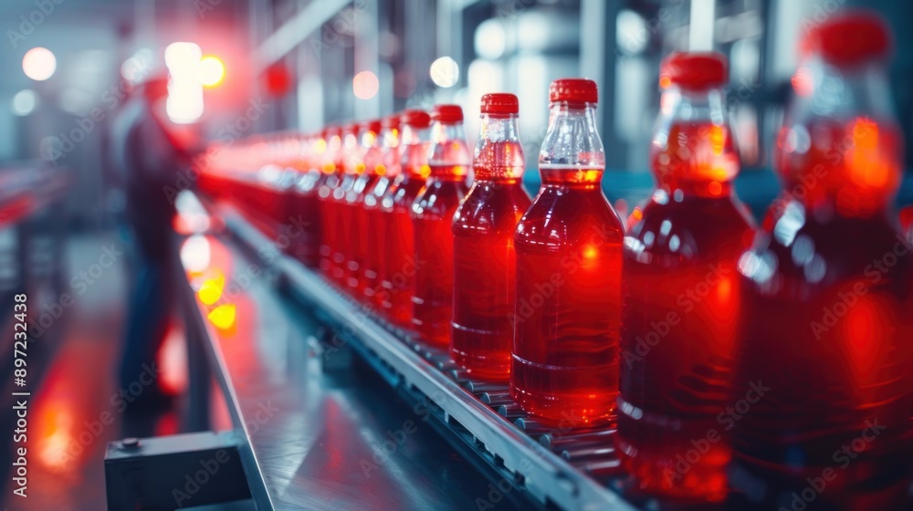 Aufkleber red bottles on a conveyor belt in a factory setting