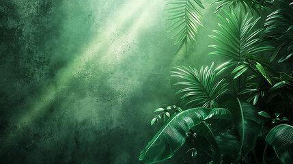 Obraz premium Jungle, beautiful tropical forest illuminated by sun rays. Palm tree leaves on green background with copy space. Plant background with place for text